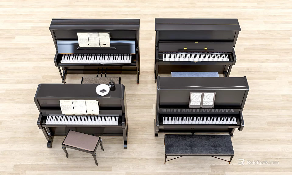 Black Upright Pianos With Music Sheets And Matching Stools For Musical Instruments 3d model 