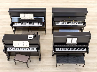 Black Upright Pianos With Music Sheets And Matching Stools For Musical Instruments 3d model