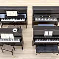 Black Upright Pianos With Music Sheets And Matching Stools For Musical Instruments