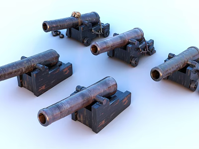 Vintage Historical Cannons With Bronze Black Barrels And Wooden Carriages 3d model