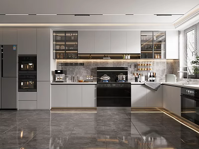Modern Kitchen Interior With White Cabinets Glass Door Storage Island Counter And Appliances 3d model