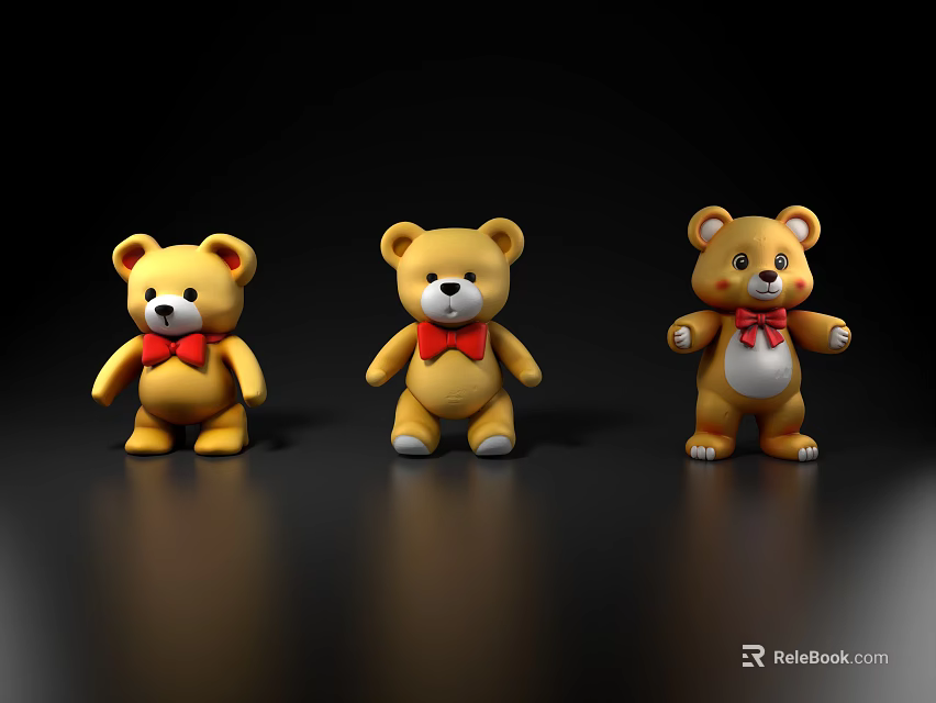 Three Yellow Teddy Bear Dolls With Red Bows Standing On 3d model