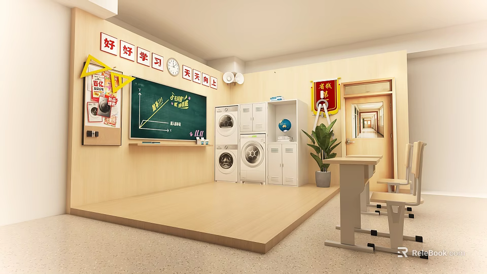 Live Stream Room Interior With Blackboard Chart Washing Machines Cabinets Desk Chairs And Green Plant 3d model 