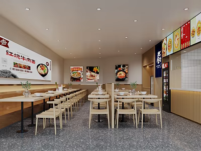 Modern Restaurant Interior With Wooden Tables Chairs And Food Posters On Walls 3d model