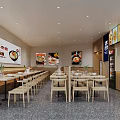 Modern Restaurant Interior With Wooden Tables Chairs And Food Posters On Walls