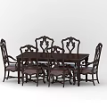 Dark Wood Dining Table Set With Six Carved Backrest Chairs And Light Colored Cushions