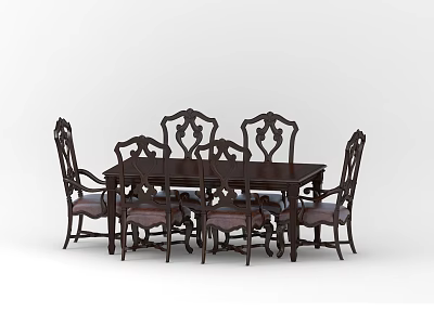 Dark Wood Dining Table Set With Six Carved Backrest Chairs And Light Colored Cushions 3d model