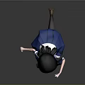 3D Anime School Girl Character With Long Black Hair Red Tie Blue Skirt Running Pose