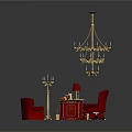 Elegant Office Desk with Green Top Red Sofa Red Chair Gold Chandelier and Wine Glasses