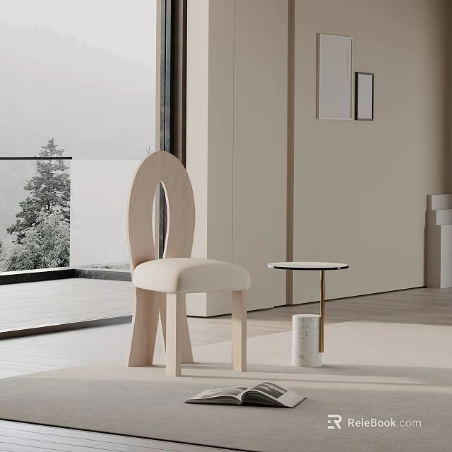Modern Light Wood Accent Chair With Beige Cushion In Living Room By Large Window 3d model 
