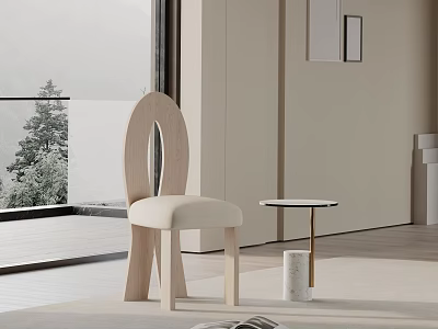 Modern Light Wood Accent Chair With Beige Cushion In Living Room By Large Window 3d model