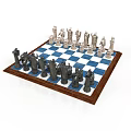 Classic Blue And White Checkered Chessboard With Black White Chess Pieces On Wooden Frame