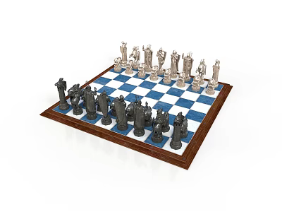 Classic Blue And White Checkered Chessboard With Black White Chess Pieces On Wooden Frame 3d model
