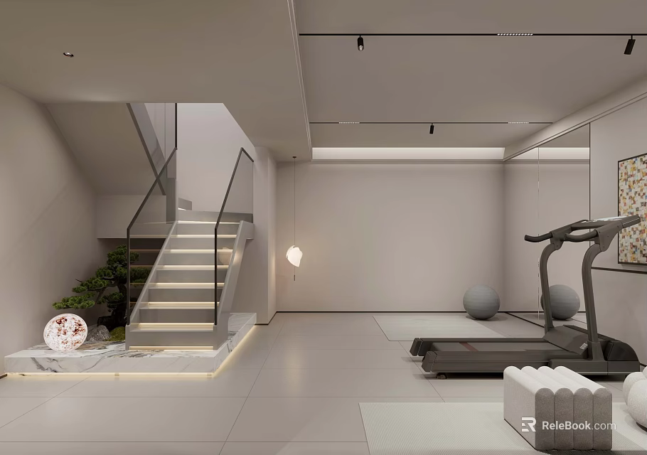 Modern Basement Interior Design With Spacious Area White Walls Staircase And Treadmill 3d model 