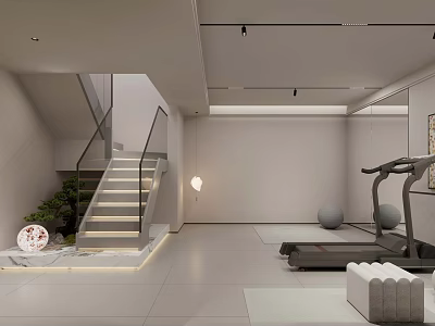 Modern Basement Interior Design With Spacious Area White Walls Staircase And Treadmill 3d model