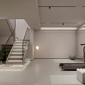 Modern Basement Interior Design With Spacious Area White Walls Staircase And Treadmill