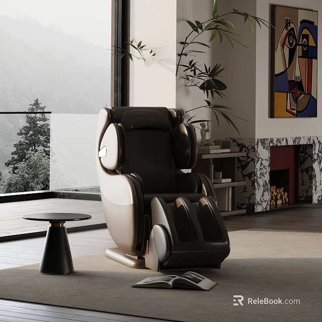 Modern Leather Recliner Chair with Large Window Mountain View Indoor Plant and Small Side Table 3d model 