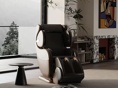 Modern Leather Recliner Chair with Large Window Mountain View Indoor Plant and Small Side Table 3d model