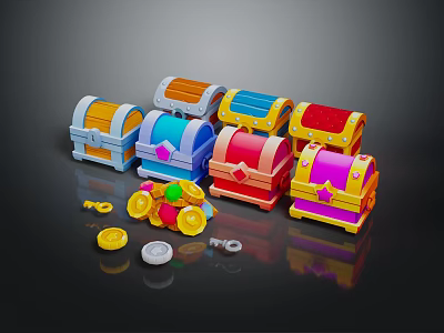 Colorful Multiple Treasure Chests With Gold Coins Keys Gems And Reflections 3d model