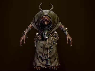 Horned Fantasy Game Movie Character In Hooded Robe With Clawed Hands And Decorative Bells 3d model