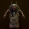 Horned Fantasy Game Movie Character In Hooded Robe With Clawed Hands And Decorative Bells