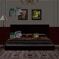Black Herringbone Headboard Double Bed With Gray Pink Bedding White Red Wall And Chandelier