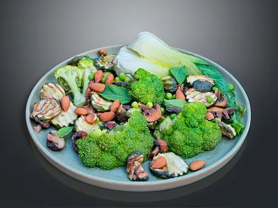 Fresh Healthy Vegetable Salad with Broccoli Almonds Mushrooms Peas and Lettuce 3d model