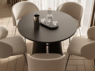 Modern Black Round Dining Table Set With Beige Chairs And Metal Accessories 3d model