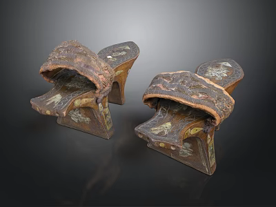 Traditional Wooden Shoes With Ornate Carved Patterns And Vintage Decorative Design 3d model