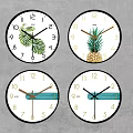 Four Decorative Wall Clocks With Different Leaf Pineapple And Striped Designs 3d model