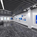 Modern Tech Exhibition Hall With White Central Installation And Blue Display Panels 3d model