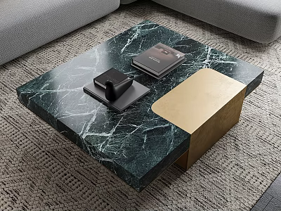Green Marble Coffee Table With Gold Base Phone And Charger Near Gray Sofa On Textured Carpet 3d model