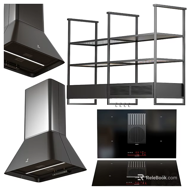 Modern Kitchen Appliances With Black Range Hood Sleek Cooktop And Metal Shelf 3d model 