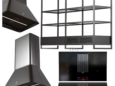 Modern Kitchen Appliances With Black Range Hood Sleek Cooktop And Metal Shelf 3d model