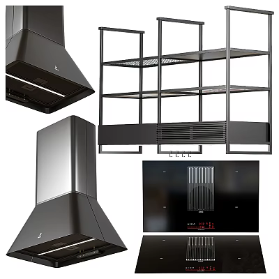 Modern Kitchen Appliances With Black Range Hood Sleek Cooktop And Metal Shelf 3d model