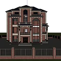 Multi Story Red Brick Detached Villa With Arched Windows Balconies And Columns 3d model