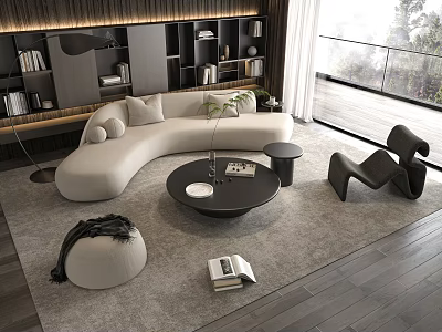Modern Living Room with Curved Beige Sofa Black Round Coffee Table Set and Lounge Chair 3d model