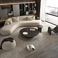 Modern Living Room with Curved Beige Sofa Black Round Coffee Table Set and Lounge Chair