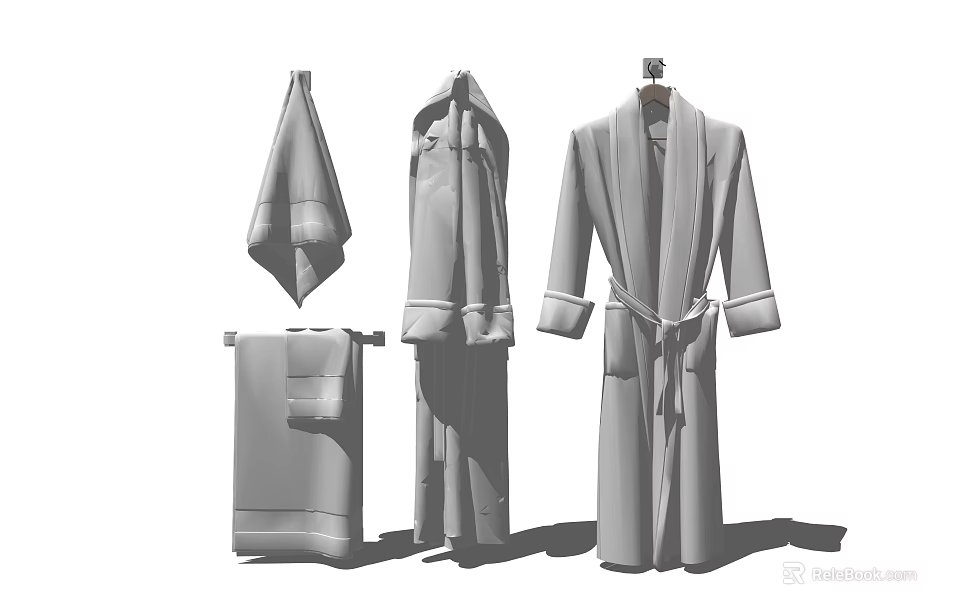 Soft Cozy Bath Robes With Belt And Folded Towels Hanging On 3d model 