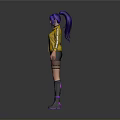 3D Character Design With Purple Hair Yellow Jacket Black Shorts And Purple Boots