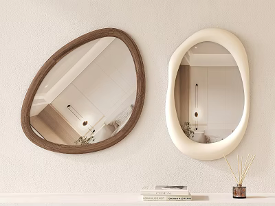 Two Irregular Shape Decorative Mirrors With Wooden And White Frames Hanging On Light Wall 3d model