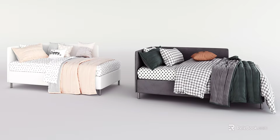 Two Modern Sofa Beds Featuring Colorful Pillows And Patterned Blankets 3d model