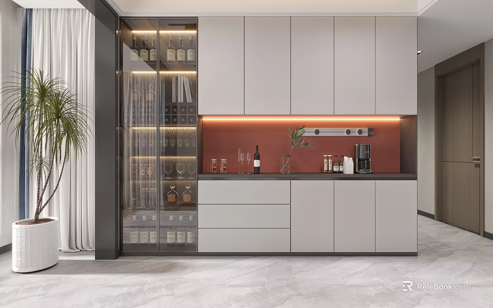 Modern Wine Cabinet With Glass Door Lighting Wine Bottles And Kitchen Cabinets 3d model 