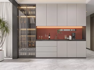 Modern Wine Cabinet With Glass Door Lighting Wine Bottles And Kitchen Cabinets 3d model