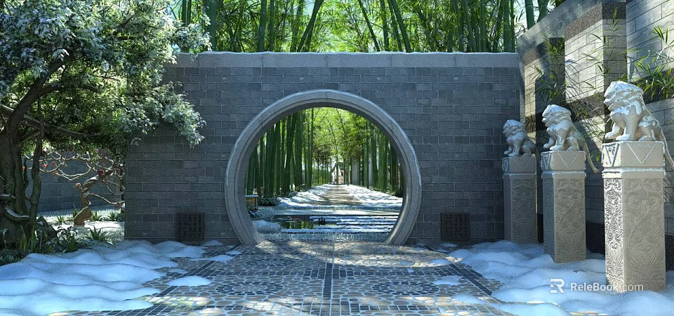 Traditional Garden Landscape Featuring Circular Archway Bamboo Forest Stone Path Snow and Stone Lion Statue 3d model 