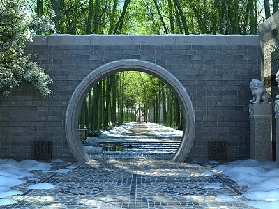 Traditional Garden Landscape Featuring Circular Archway Bamboo Forest Stone Path Snow and Stone Lion Statue 3d model