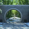 Traditional Garden Landscape Featuring Circular Archway Bamboo Forest Stone Path Snow and Stone Lion Statue