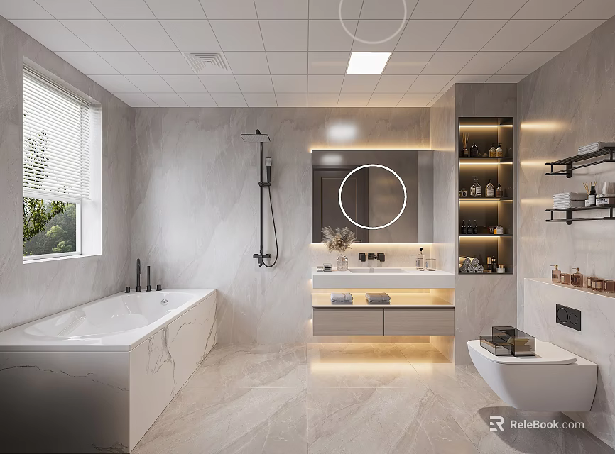 Modern Bathroom Design Featuring Marble Bathtub Round Mirror Vanity with Lighting and Wall Shelves 3d model 