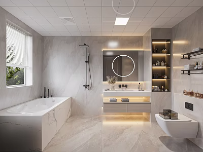 Modern Bathroom Design Featuring Marble Bathtub Round Mirror Vanity with Lighting and Wall Shelves 3d model