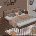 Warm Wooden Double Bed With Decorative Pillows Nightstands Table Lamps Checkered Rug And Wall Art